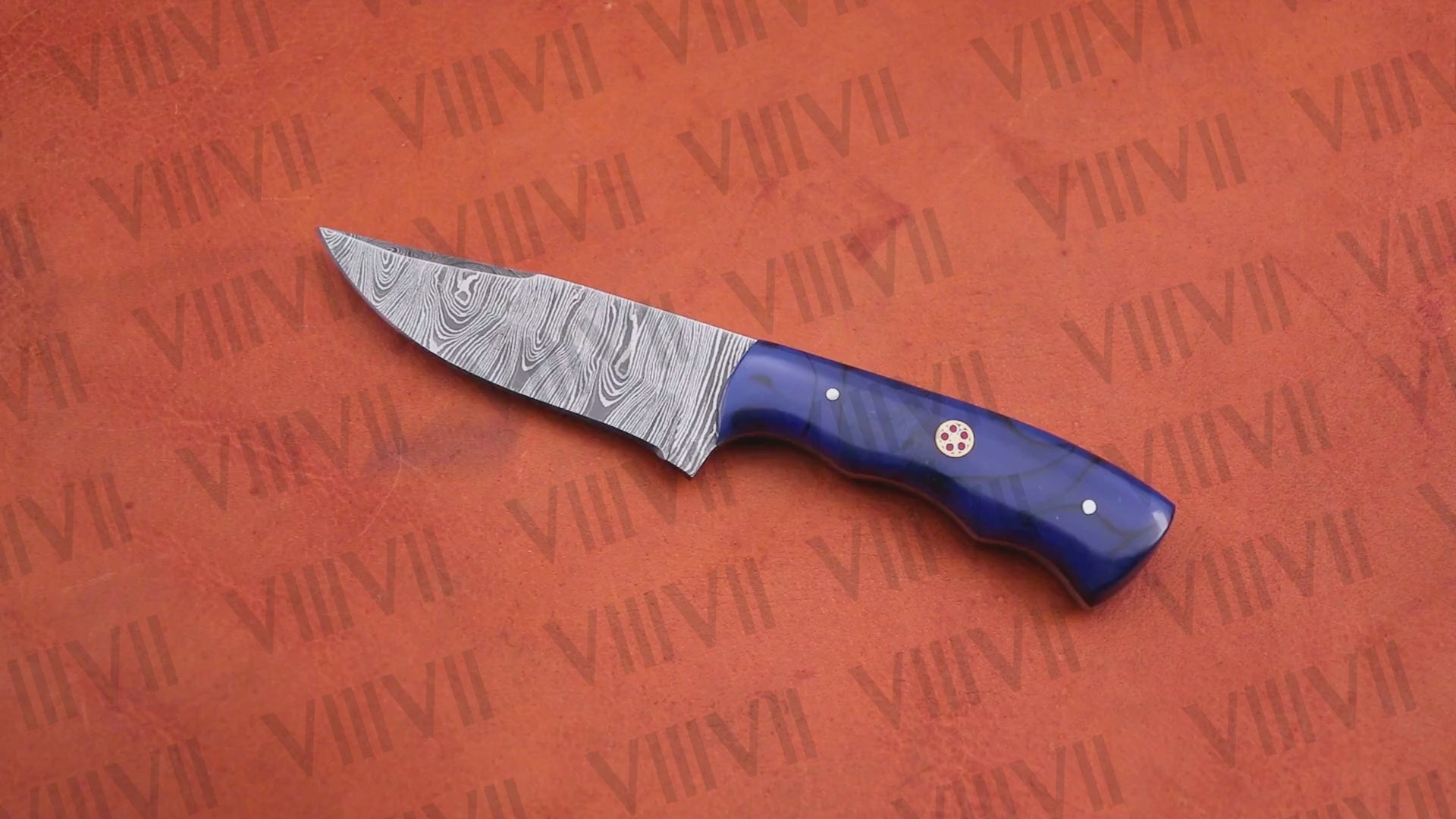 Damascus Steel Skinner Knife – Blue Wavy Resin Handle | Hand Forged Full Tang Hunting Knife for Outdoors & Gifting