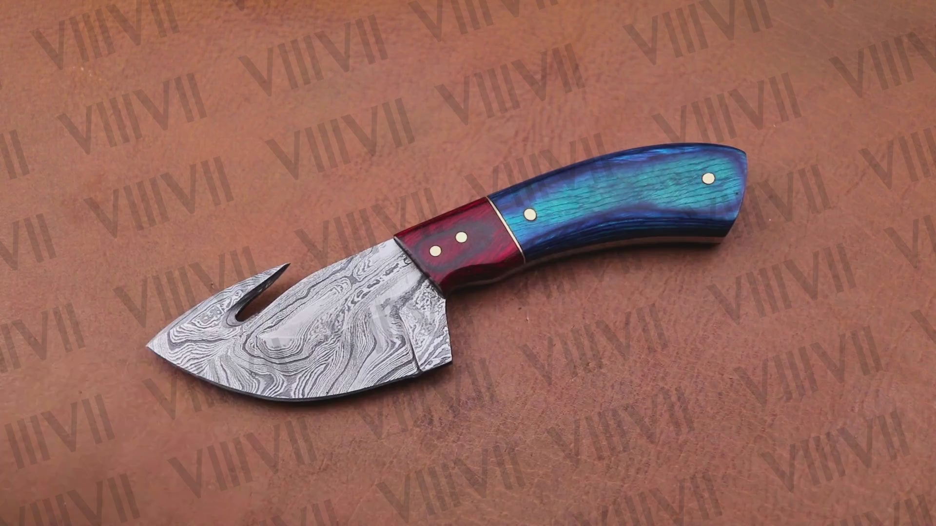 Damascus Steel Gut Hook Knife – Blue Ashwood Handle | Hand Forged Full Tang Hunting Knife for Camping & Outdoor Gifts