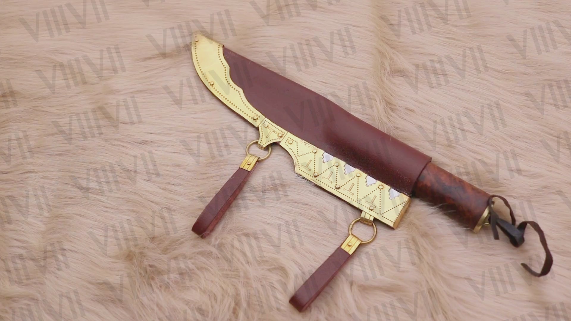 Seax Knife with Damascus Steel Blade | Rosewood Handle with Brass Spacers | Brass-Decorated Leather Sheath