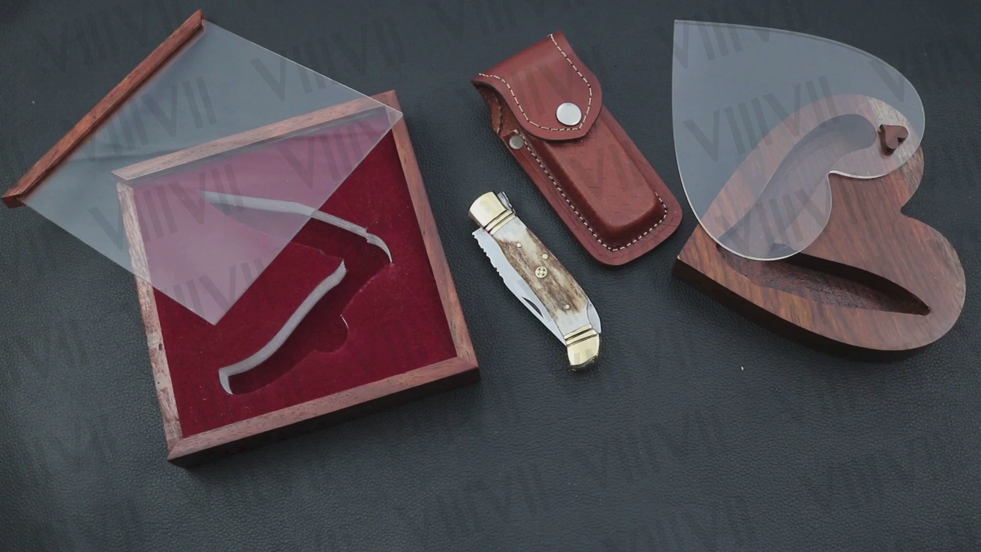 Handmade D2 Steel Folding Pocket Knife with Stag Horn Handle – With Leather Sheath, Square Gift Box, or Heart Gift Box
