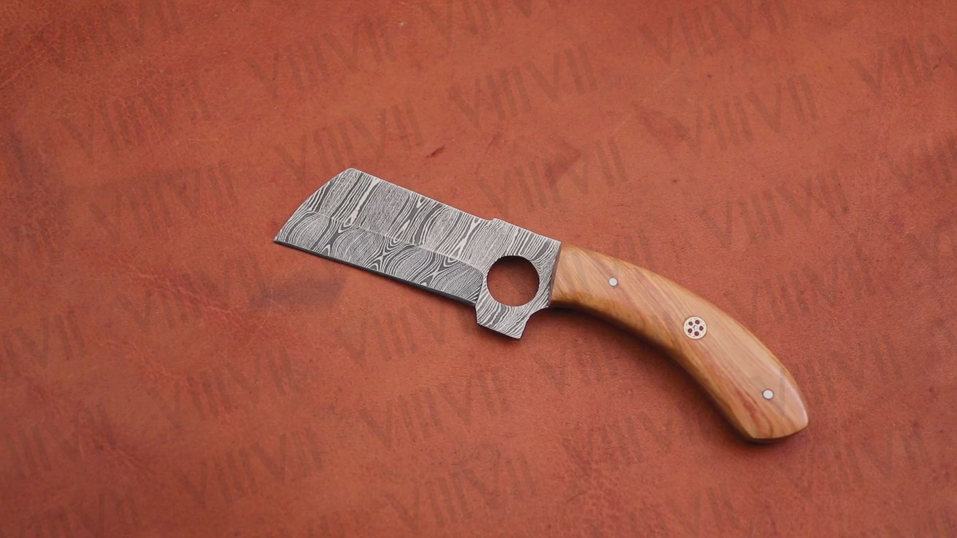 Forged Damascus Steel Cleaver with Olive Wood Handle – Full Tang Camping & Outdoor Knife