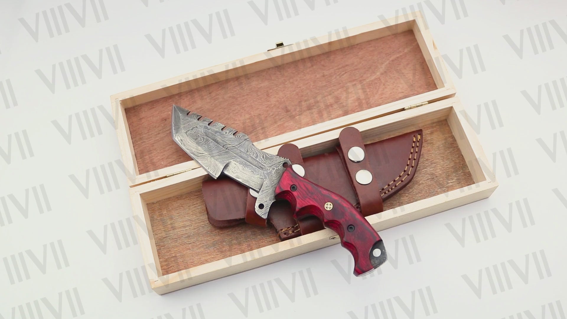 Handmade Damascus Steel Hunting Knife – Fixed Blade with Red Wood Handle, Scout Carry Sheath & Wooden Gift Box