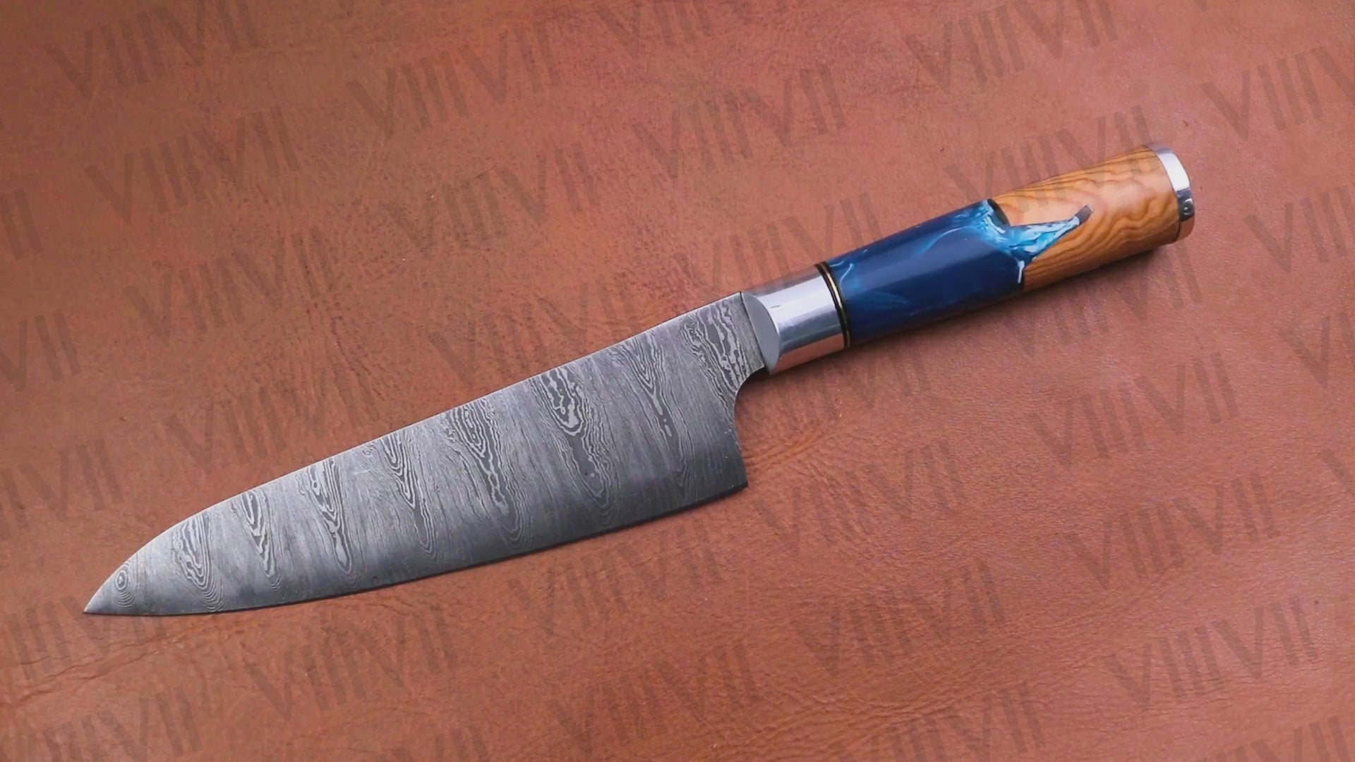 Hand Forged Damascus Steel Chef Knife 13" Full Tang Resin and Olive Wood Handle Kitchen Utility Knife