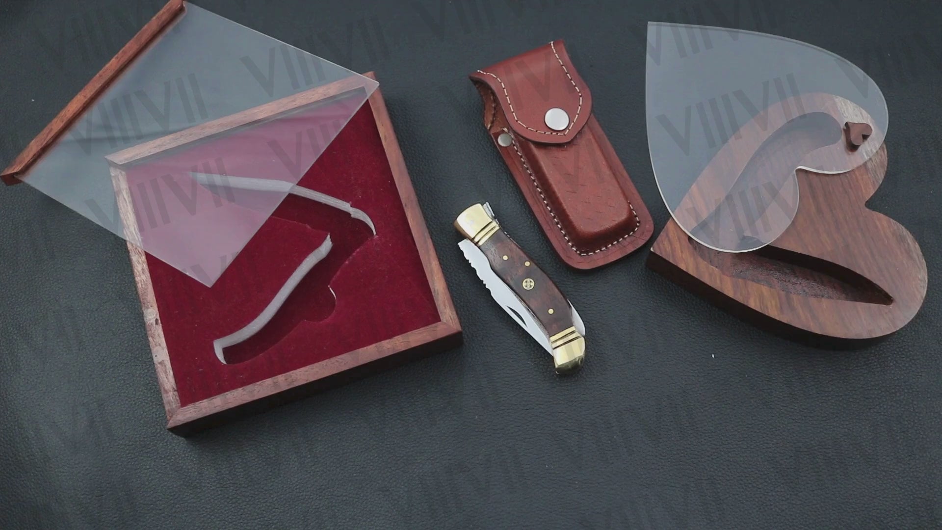 Handmade D2 Steel Folding Pocket Knife with Rosewood Handle – With Leather Sheath, Square Box, or Heart Gift Box