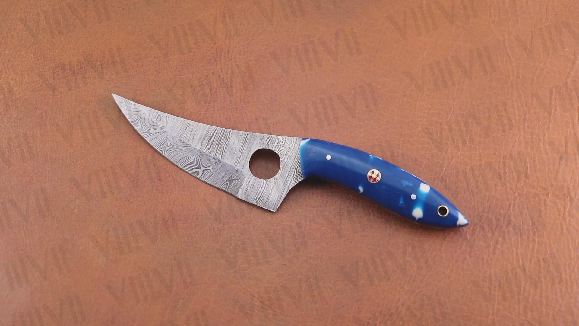 Custom Knife Forged in Damascus Steel with Beautiful Blue Resin Handle Riveted with Brass Mosaic Pins – Hunting & Outdoor Blade