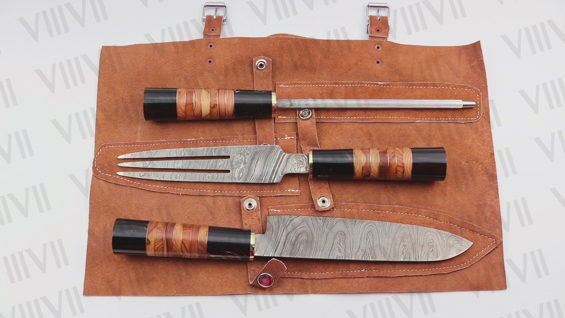 Damascus Steel Roast Knife Set with Bull Horn & Olive Wood Handles comes with suede leather chef roll