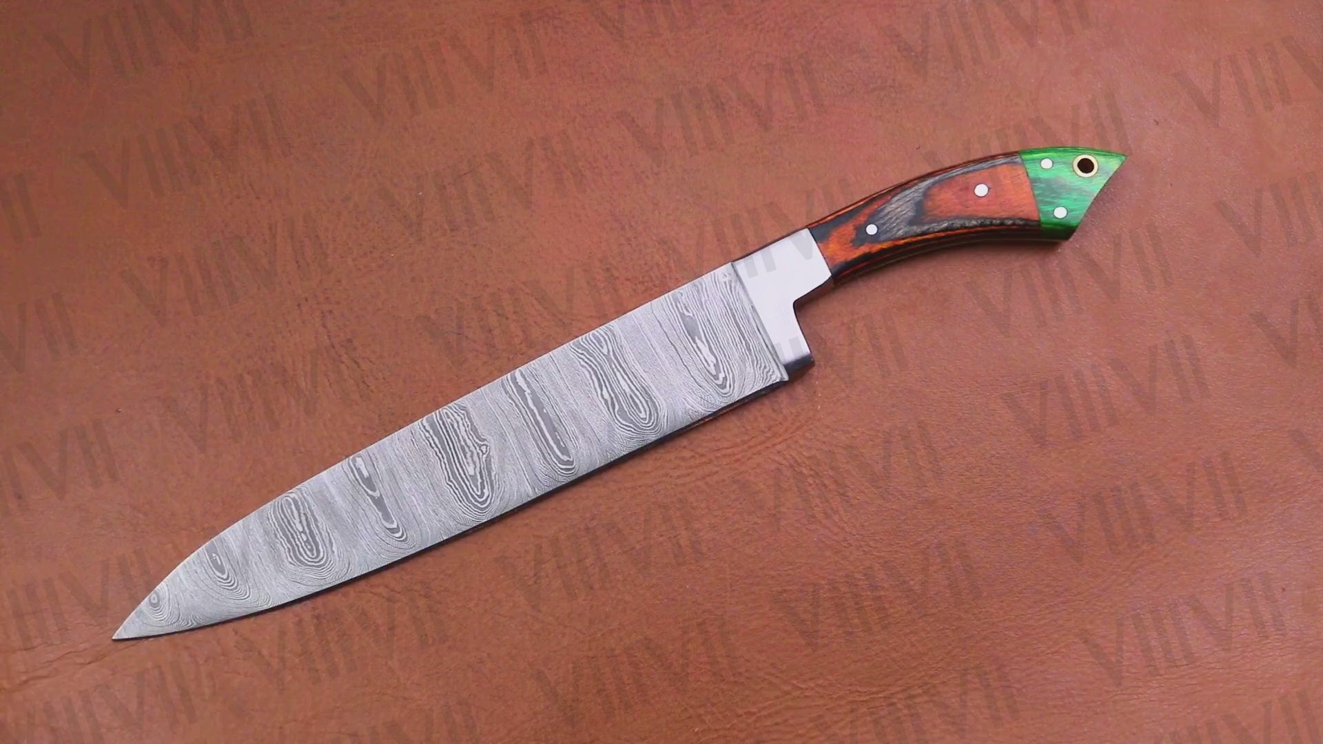 Damascus Steel Carving Knife Hand Forged 13" Blade Orange Wood Handle Full Tang Chef Knife for Kitchen BBQ and Meat Cutting
