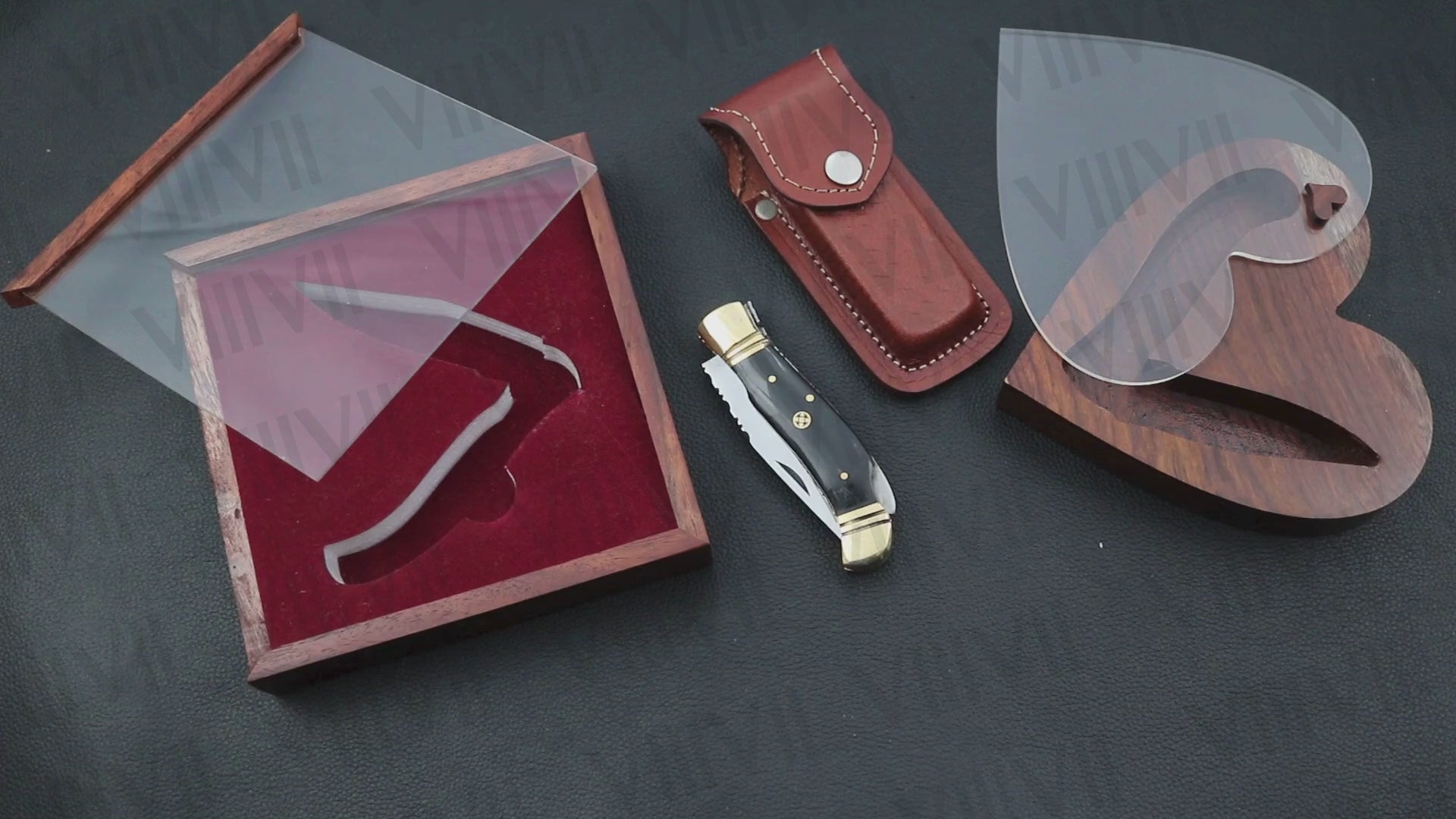 D2 Steel Folding Pocket Knife with Bull Horn Handle – Handmade with Leather Sheath, Square or Heart Wooden Gift Box