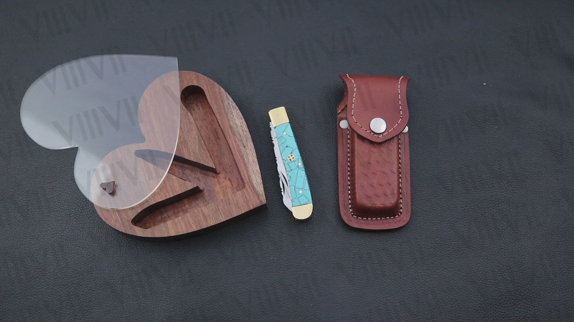 Double Blade Pocket Knife with Turquoise Handle | Trapper Folding Knife with Clip & Spey Blades – Gift Box or Leather Sheath