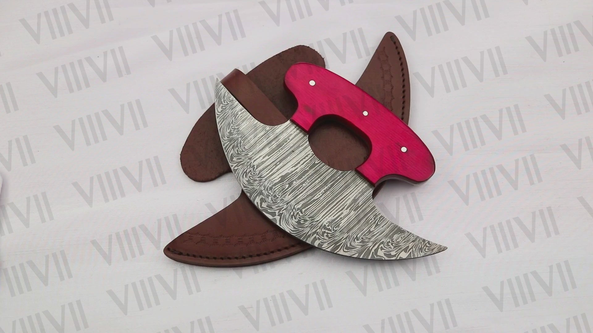 Pizza Knife, Alaskan Ulu Knife Forged from Damascus Steel with Pink Wood Handle – Unique Kitchen Tool & Gift