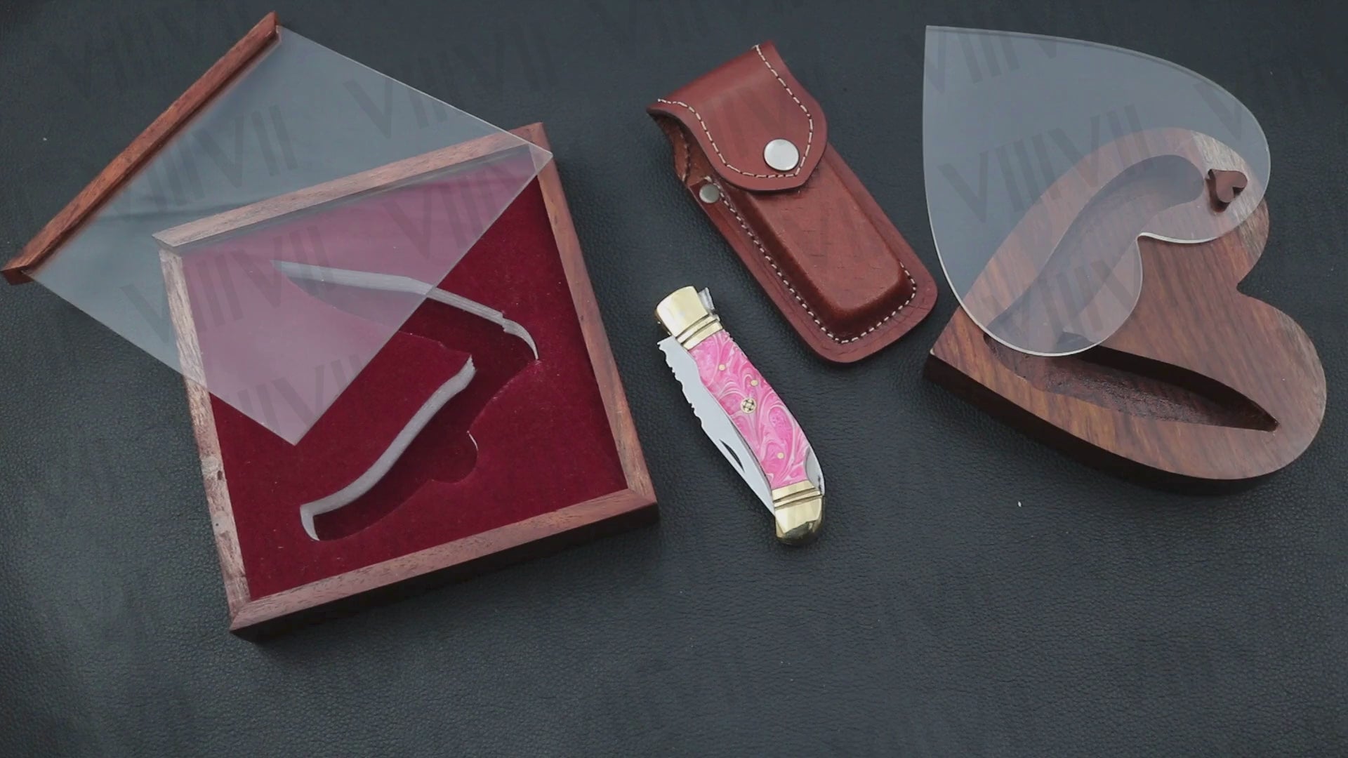 D2 Steel Folding Pocket Knife with Pink Resin Handle – Handmade Knife with Leather Sheath, Square Box, or Heart Gift Box