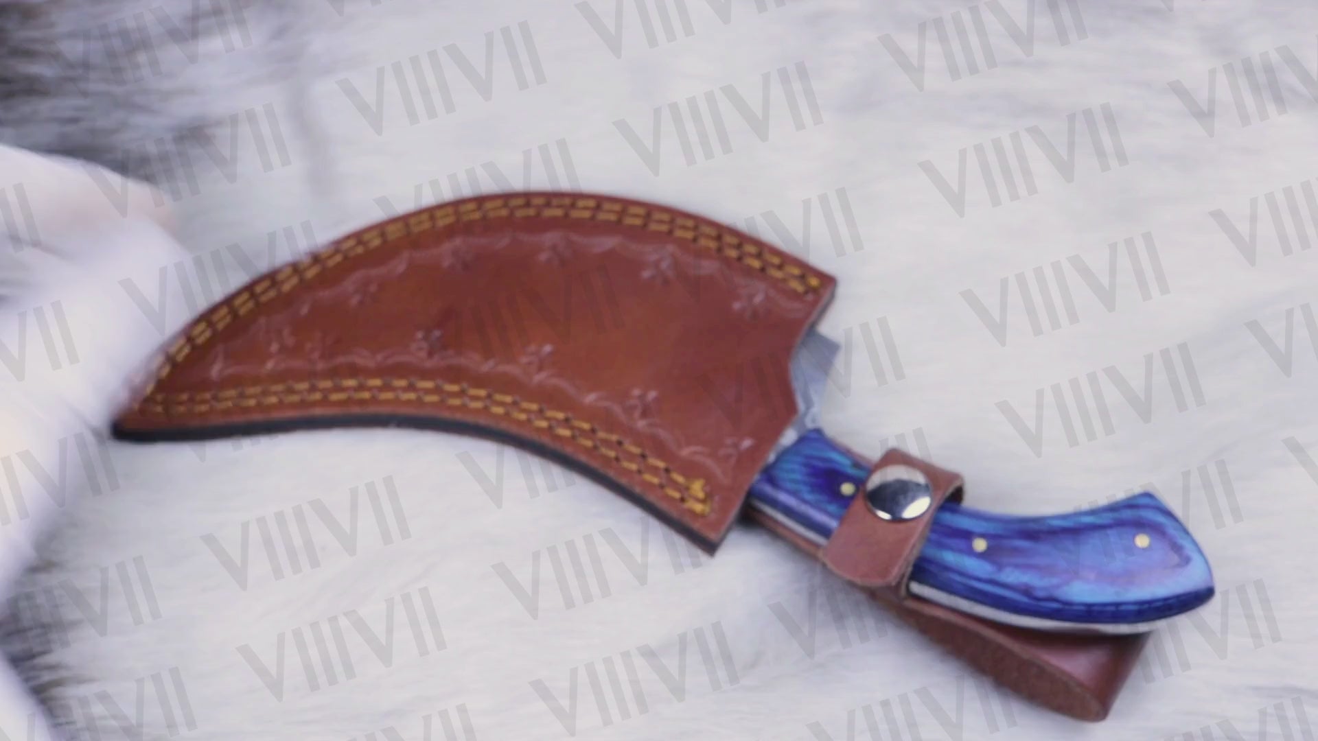 Handcrafted Herbs Knife with Damascus Steel Blade & Blue Wood Handle – Unique Kitchen Tool