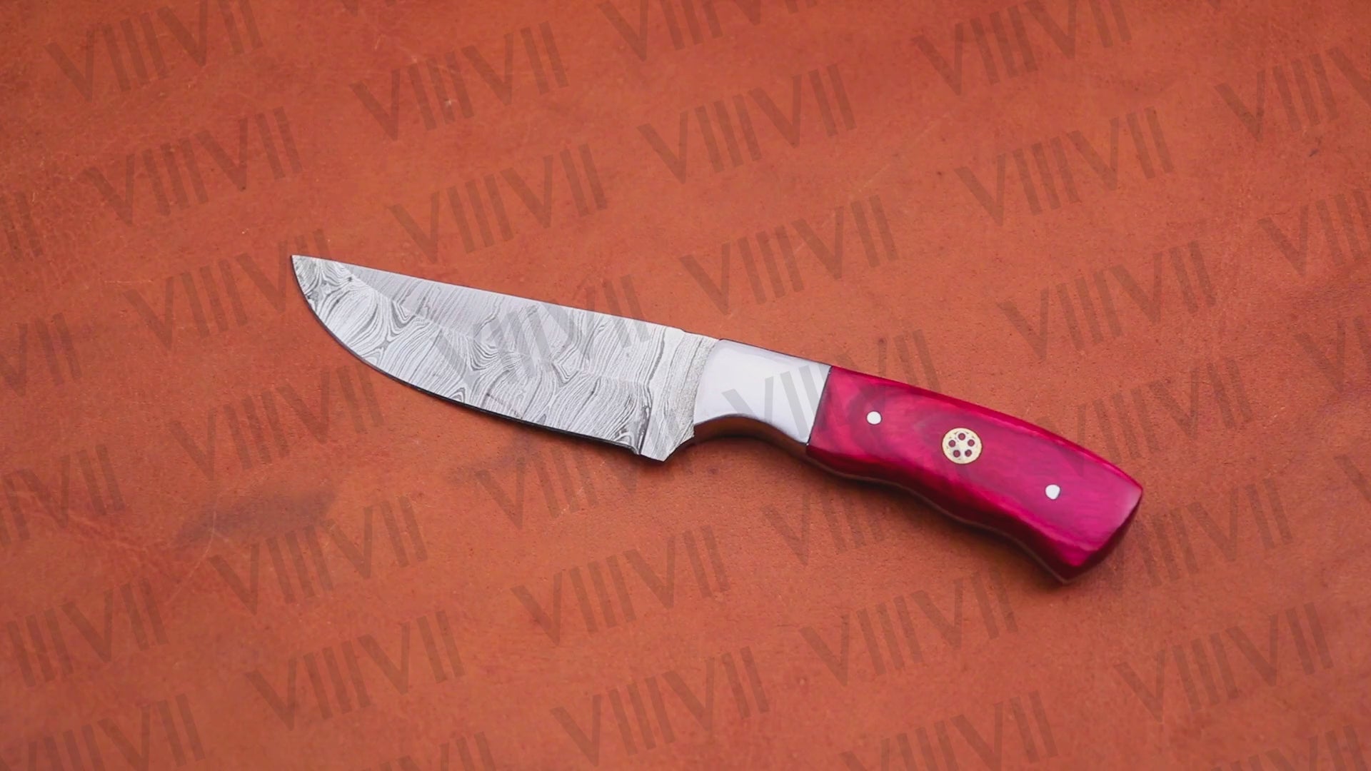 Forged Damascus Steel Camping Knife with Red Wood Handle & Steel Bolster – Outdoor Bushcraft Tool