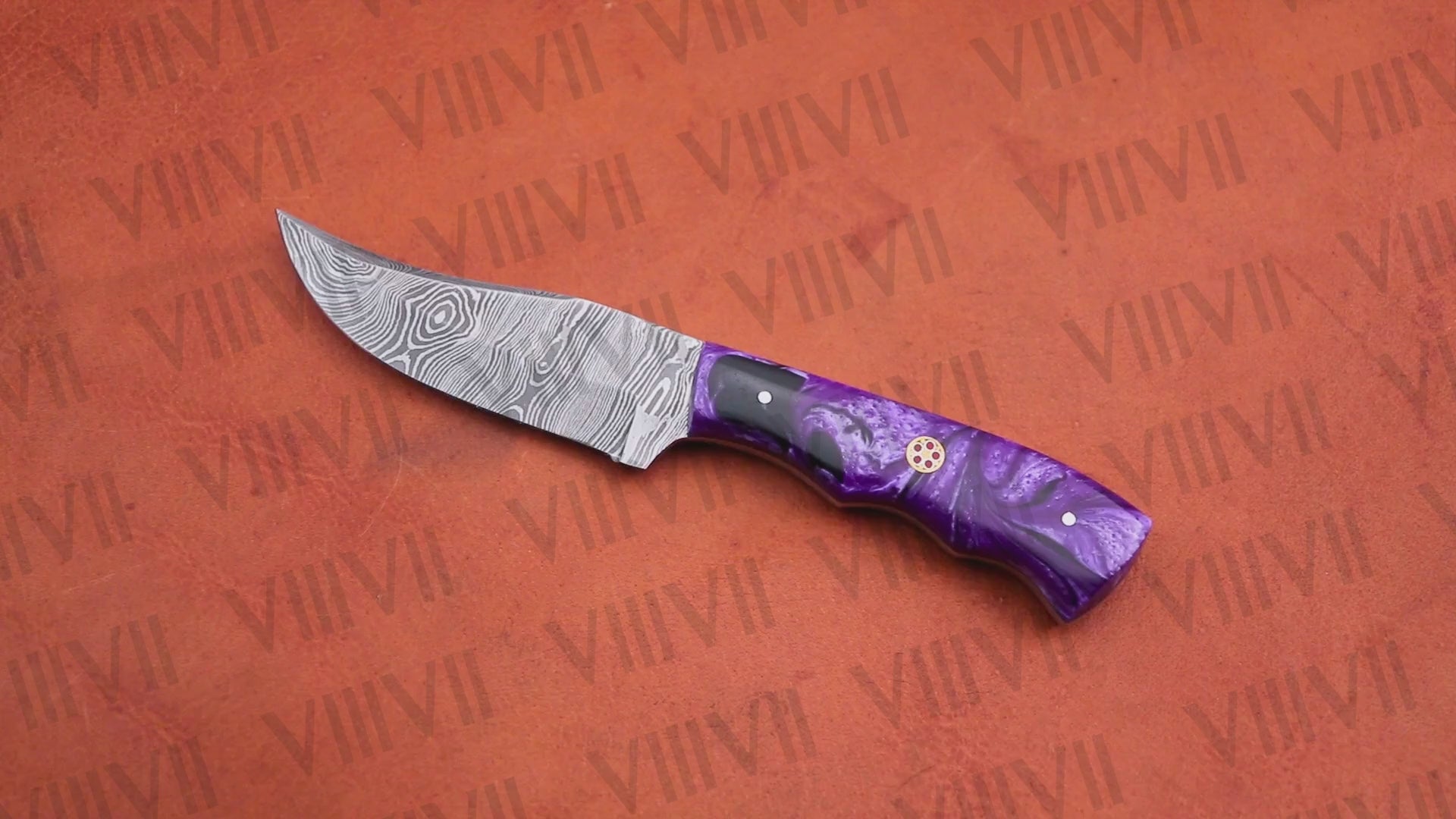 Damascus Skinning Knife – Purple Wavy Resin Handle | Hand Forged Full Tang Knife for Hunting, Camping & Gifting