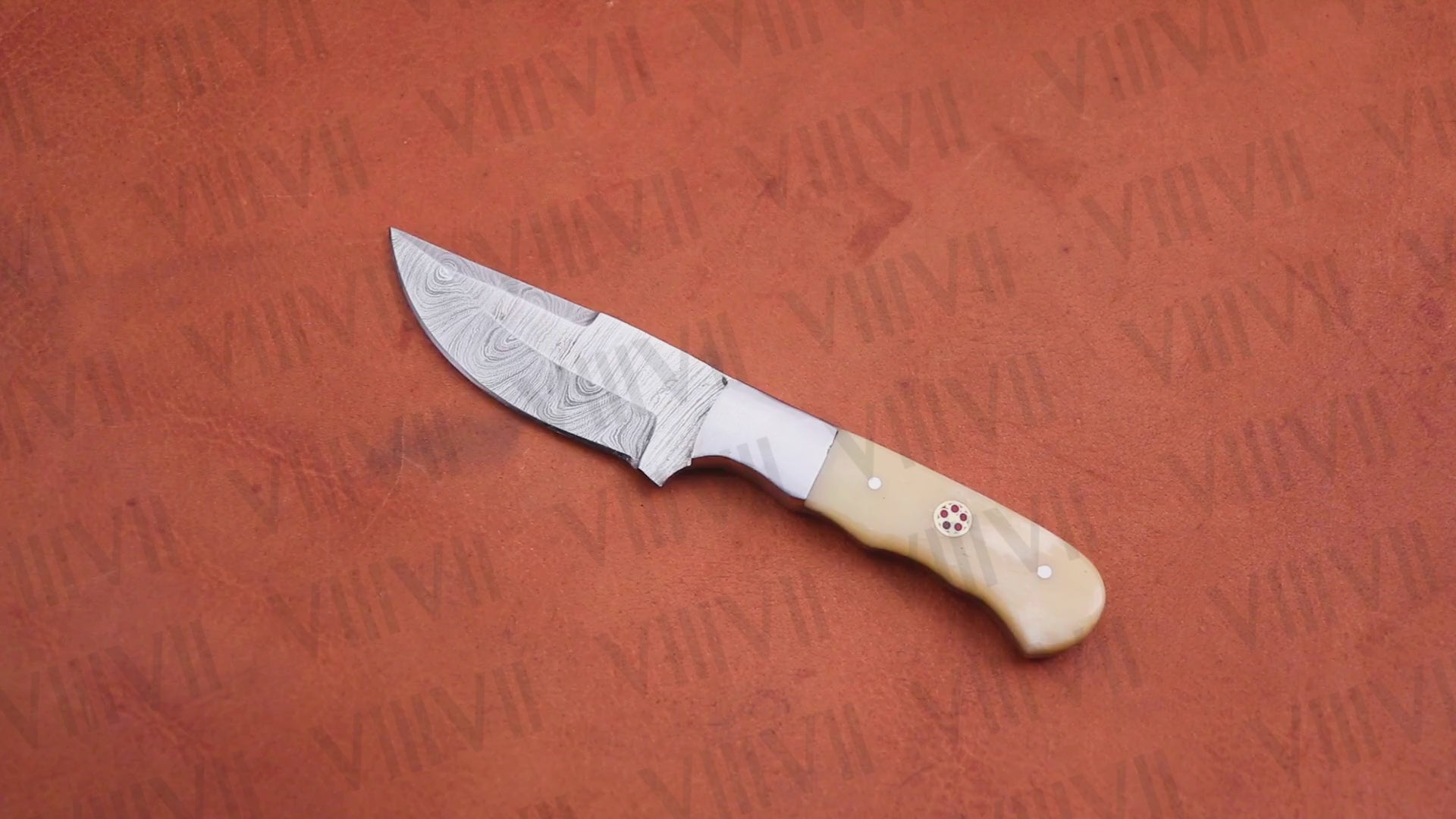 Damascus Steel Skinner Knife with Bone Handle & Steel Bolster – Handmade Hunting Knife for Outdoors & Gifting