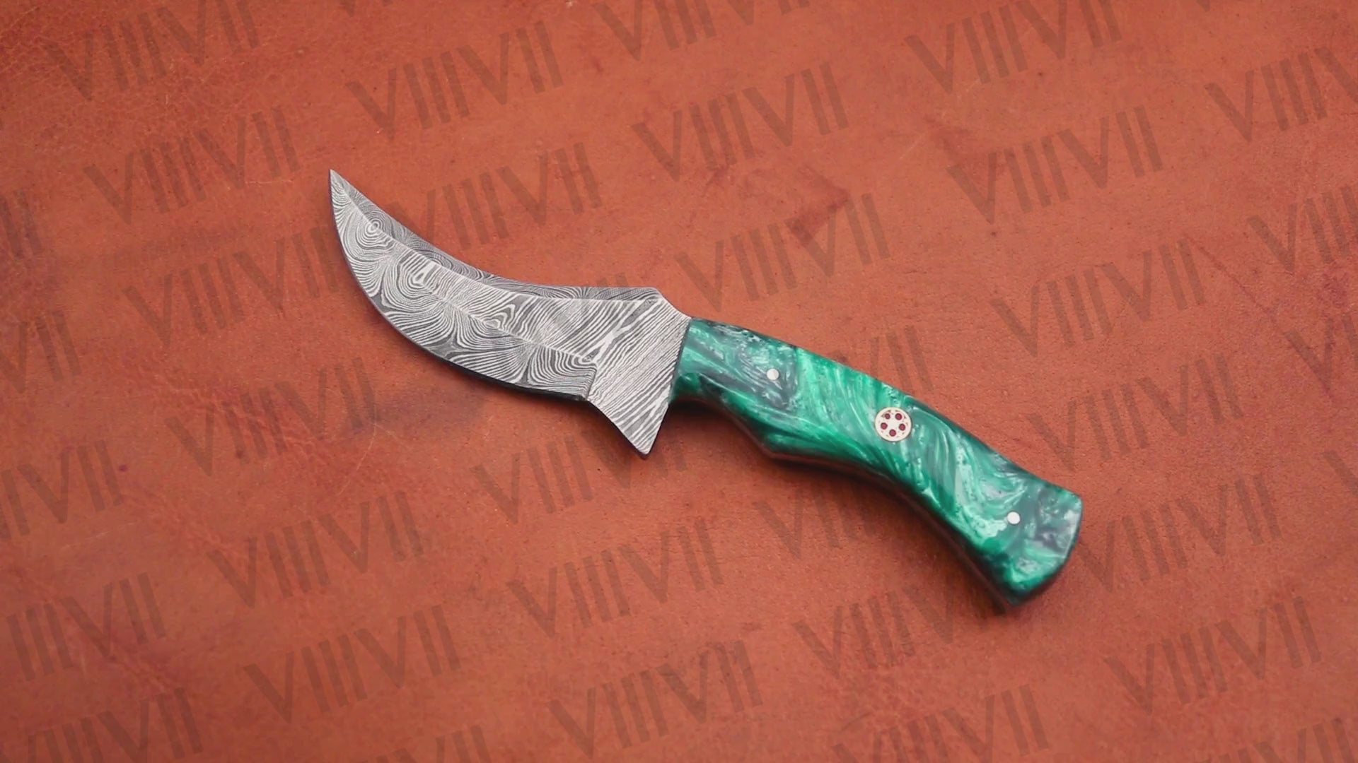 Damascus Steel Skinner Knife with Hunter Aqua Green Resin Handle – Forged Camping & Hunting Knife