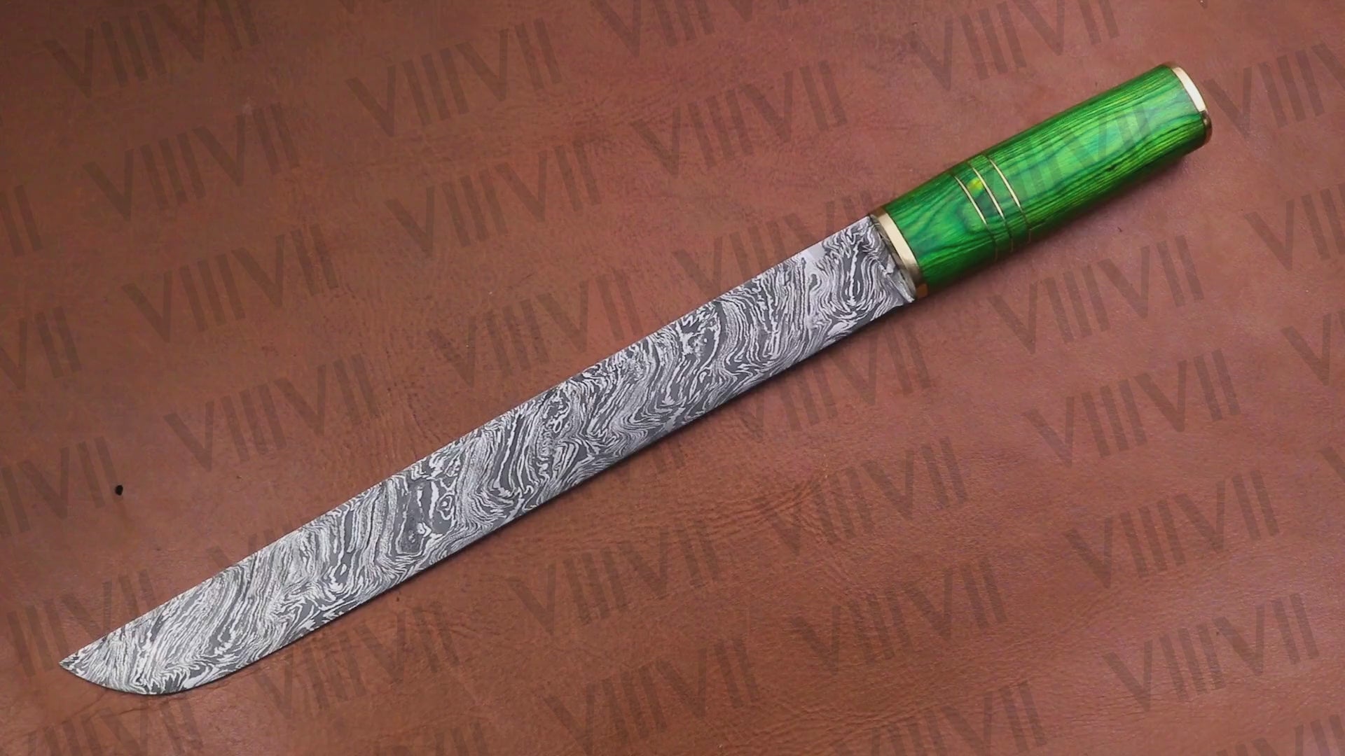 Damascus Steel Birka Knife – Handmade Viking Seax with Green Resin Wood Handle for LARP & Cosplay