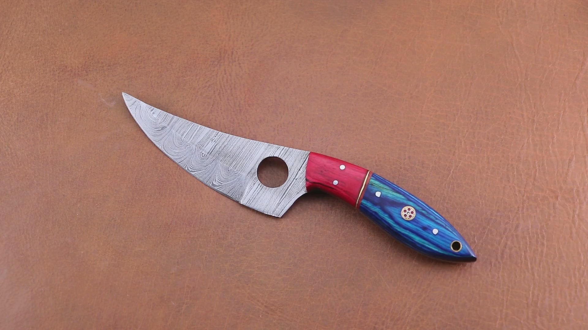 Custom Knife Forged in Damascus Steel with Beautiful Blue Wood Handle