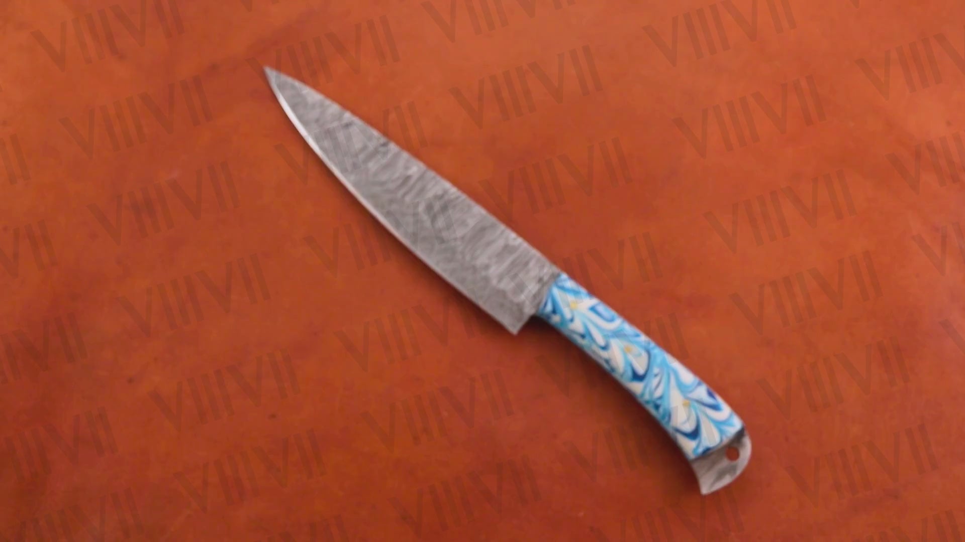 Damascus Steel Chef Knife 11.5" Full Tang with Blue Resin Handle Hand Forged Kitchen Knife for Cooking & Prep