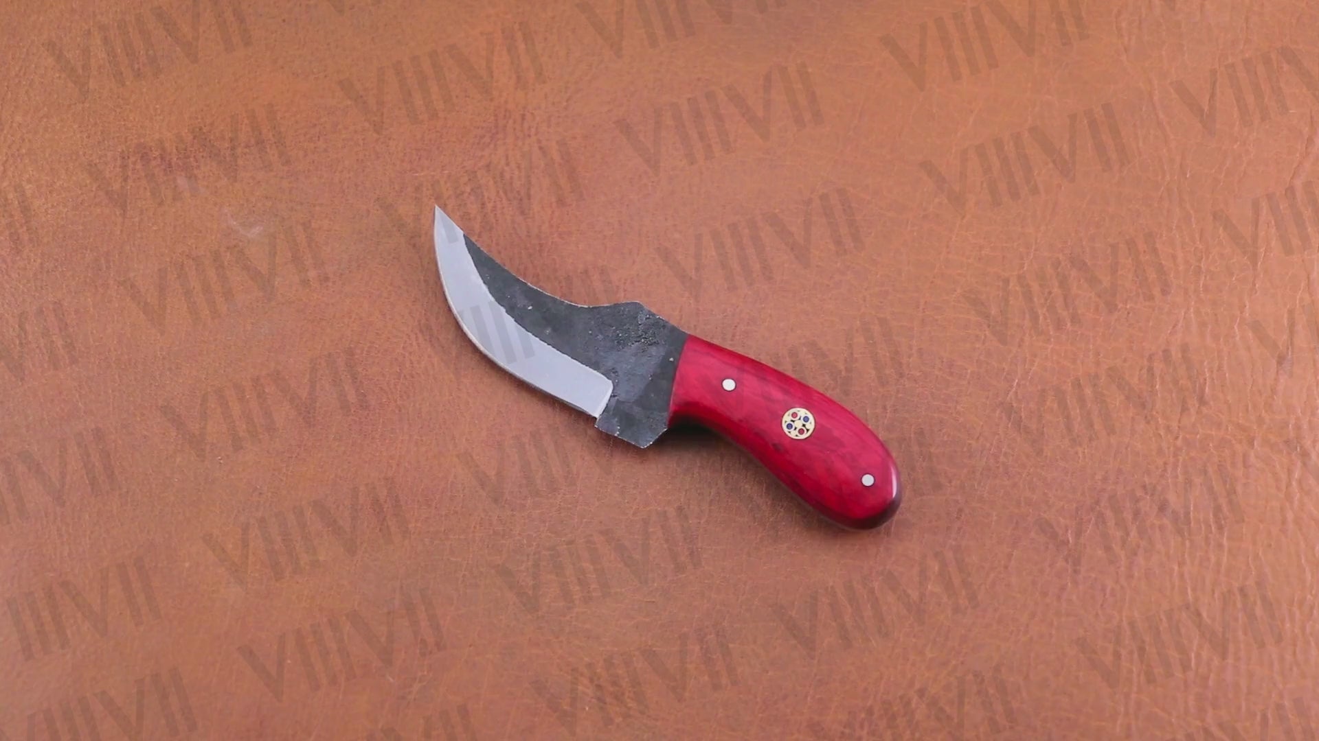 Forged Red Hunting Knife with Blood Red Wood Handle & Brass Mosaic Pins – Compact Outdoor Skinning Blade