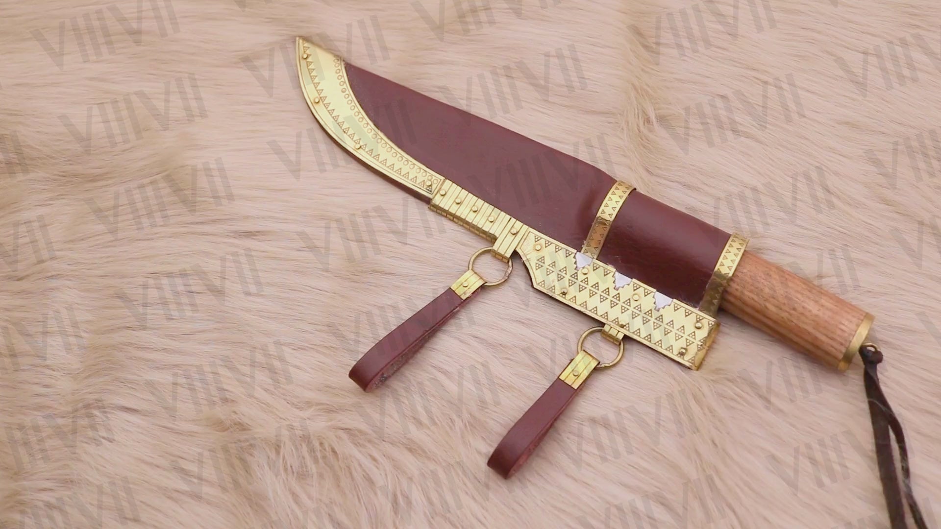 Damascus Viking Knife with Olive Wood Handle | Decorative Brass Leather Sheath for LARP & Reenactment