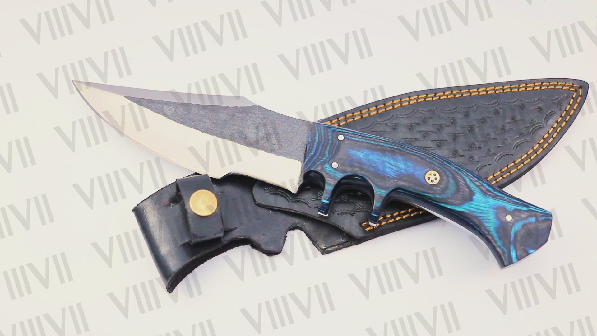 Hunting Knife with Fixed Blade & Blue Ashwood Handle | D2 Steel + Leather Sheath | Gift for Hunters & Outdoorsmen