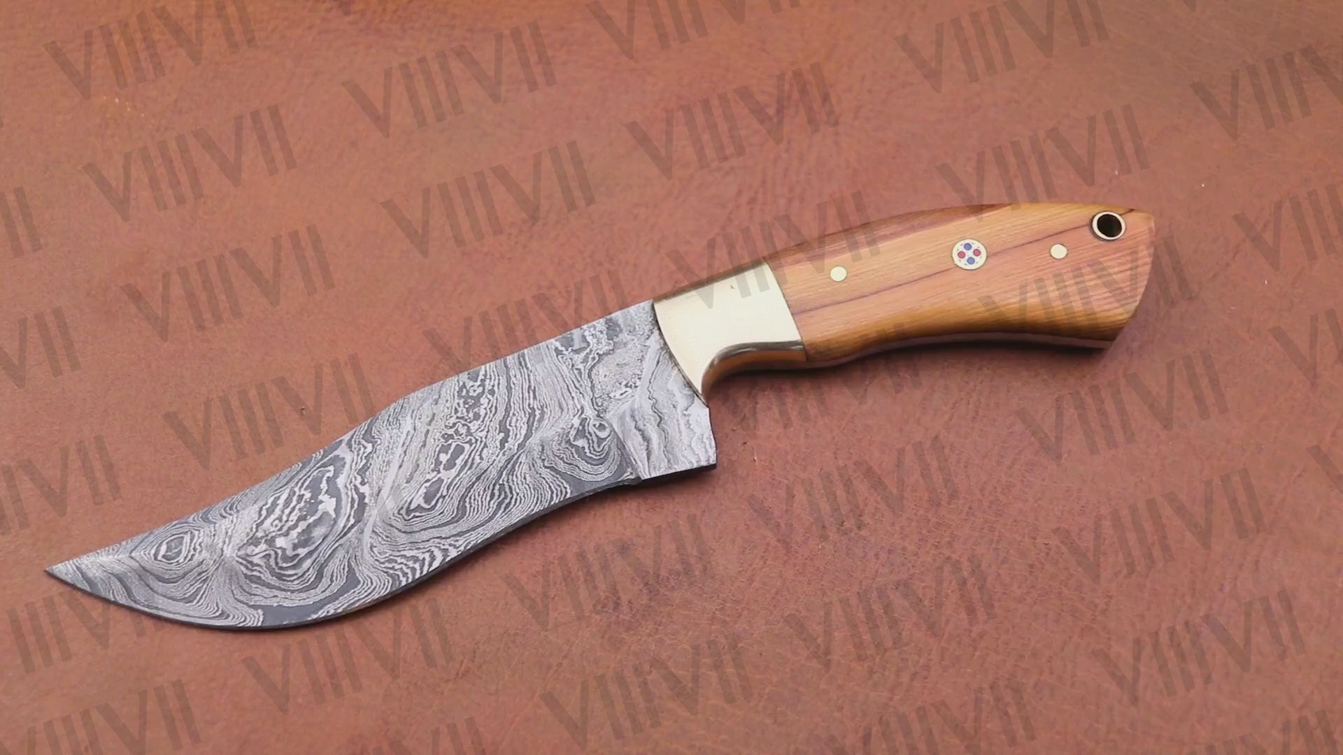 Damascus Steel Hunting Knife – Olive Wood Handle & Gold Bolster | Hand Forged Full Tang Knife for Outdoor Use & Gifting