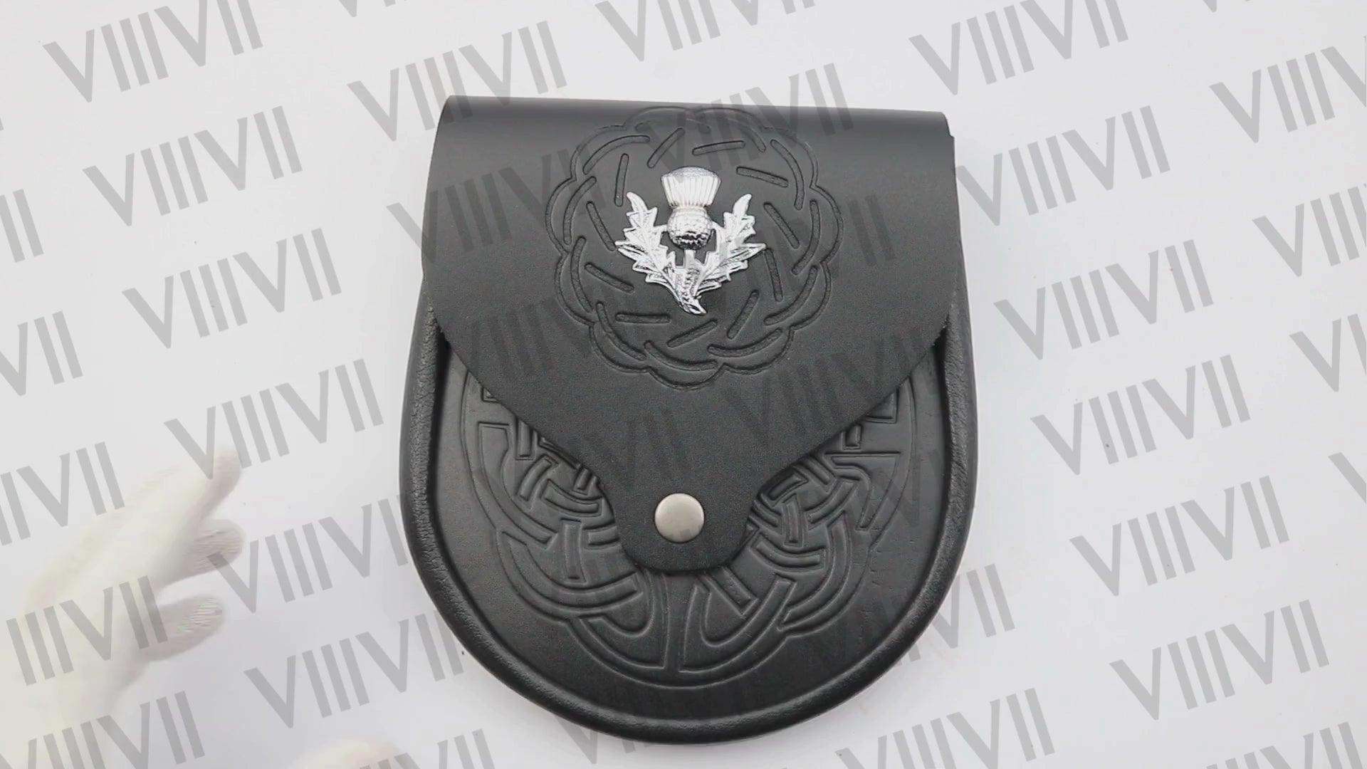 Genuine Leather Black Day Sporran with Thistle Badge and Celtic Embossed Front Perfect for Highland Events and Scottish Weddings