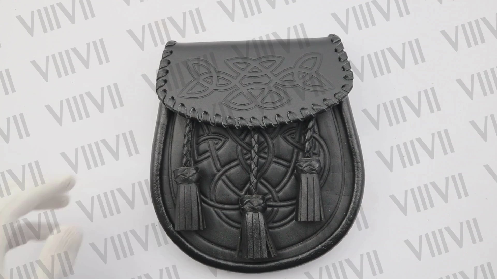 Black Scottish sporran with braided and embossed Celtic flap handcrafted genuine leather kilt pouch for Highland games weddings parades