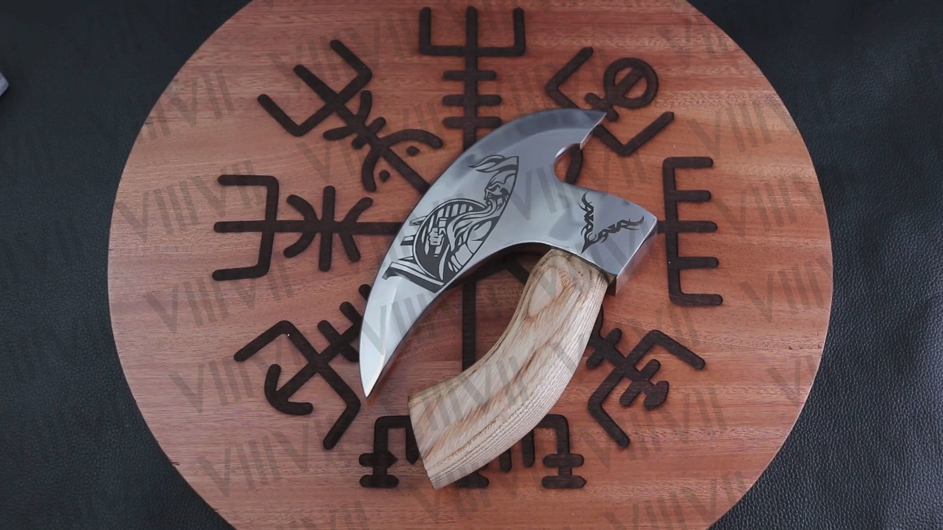 Viking warrior engraved pizza axe Ashwood handle genuine leather cover wedding gift supplies rocking knife