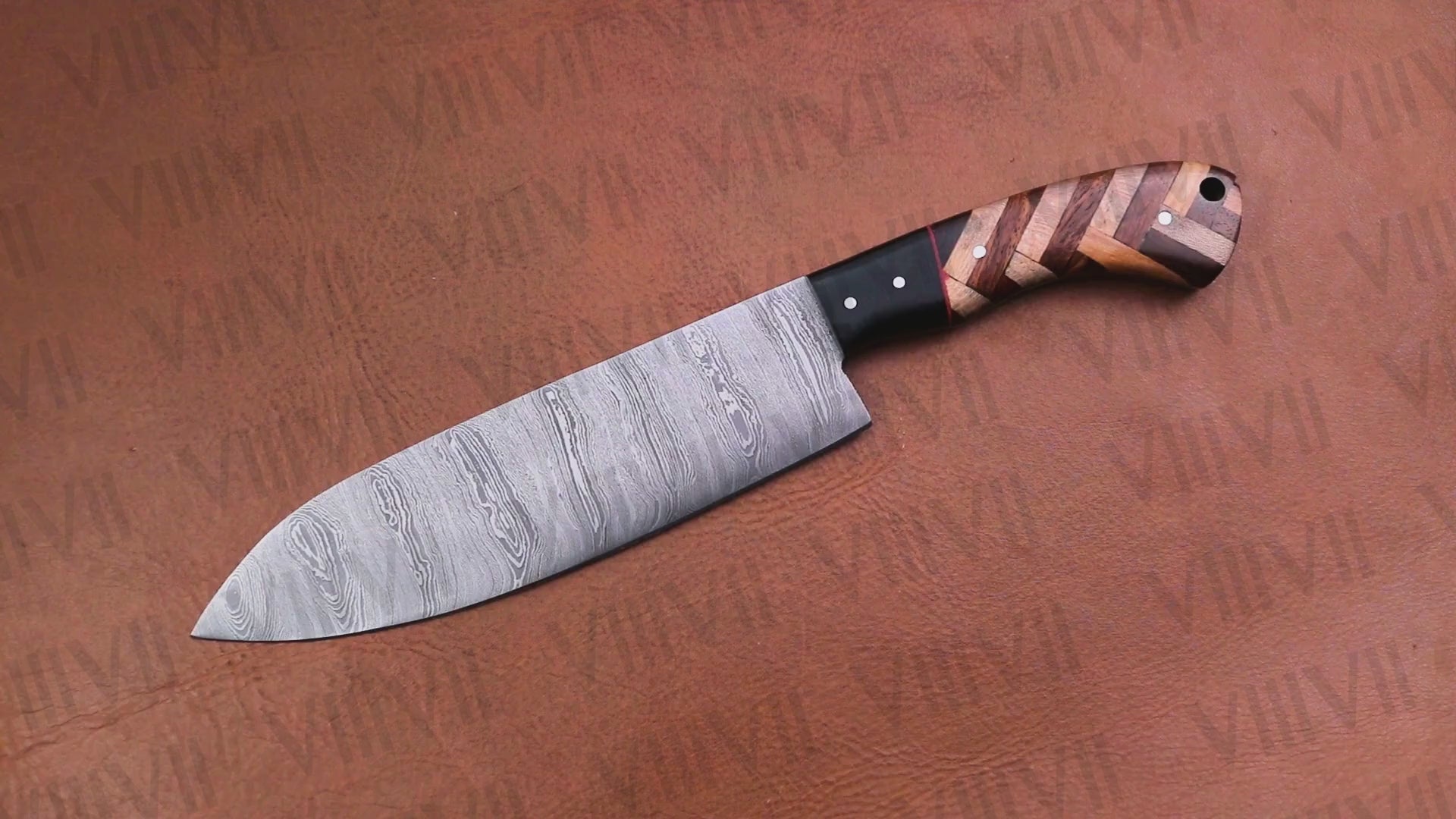 Damascus Steel Santoku Knife 13" Orange Wood Handle Professional Japanese Style Chef Knife for Kitchen Prep
