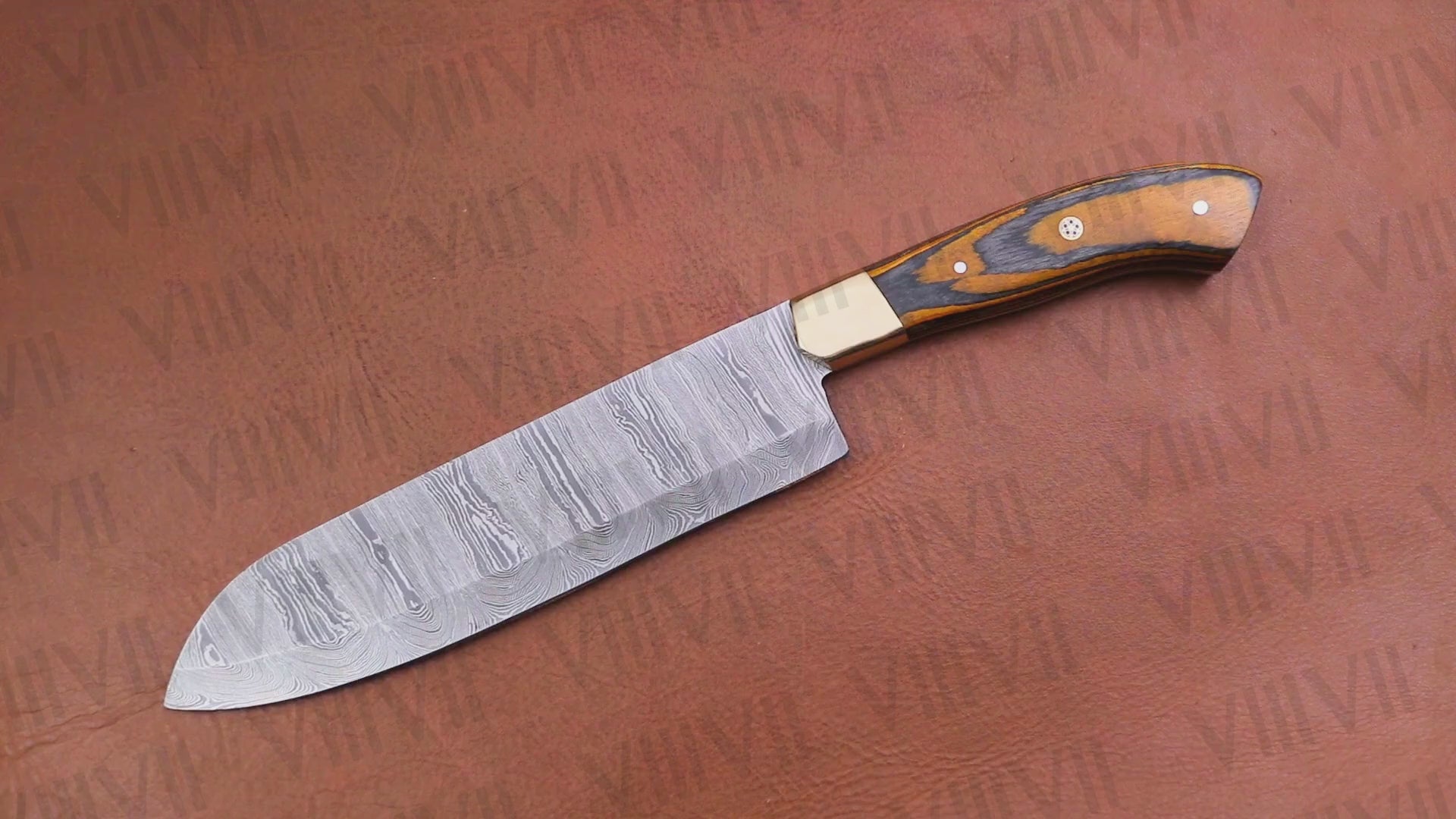 Hand Forged Damascus Steel Santoku Knife – 12.75" Full Tang with Orange Wood Handle and Brass Bolster