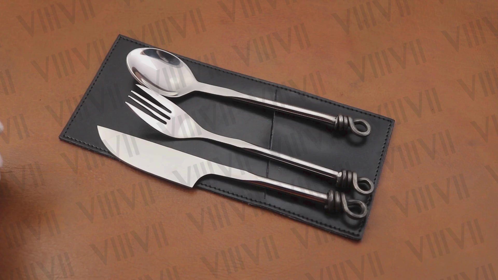 Viking cutlery set hand forged in medieval knot work style & mirror polished with aniline leather sheath